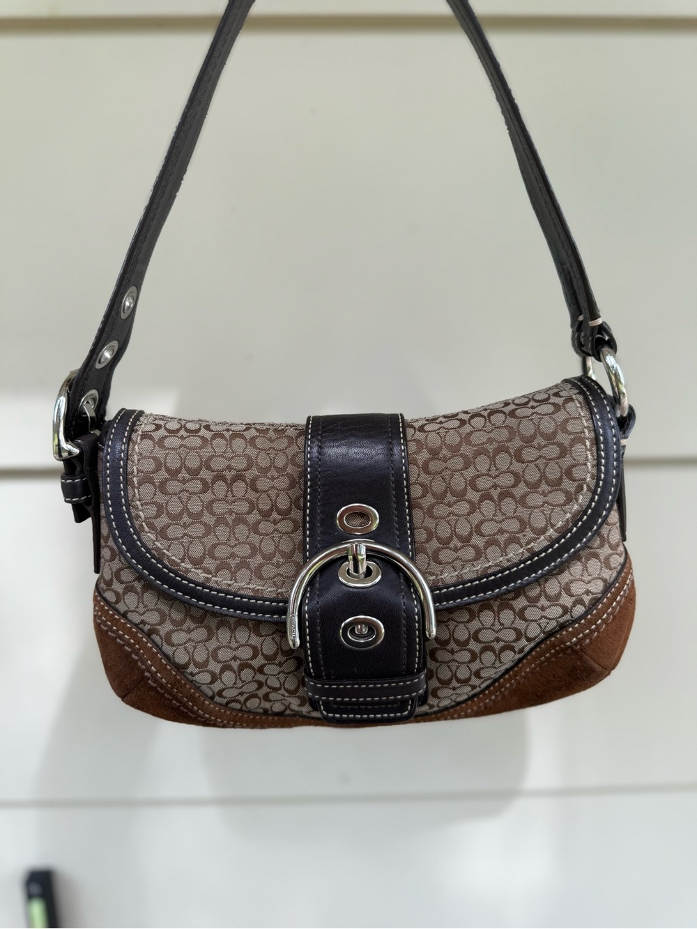 Coach Brown Signature Canvas Shoulder Bag with Dark Brown Trim